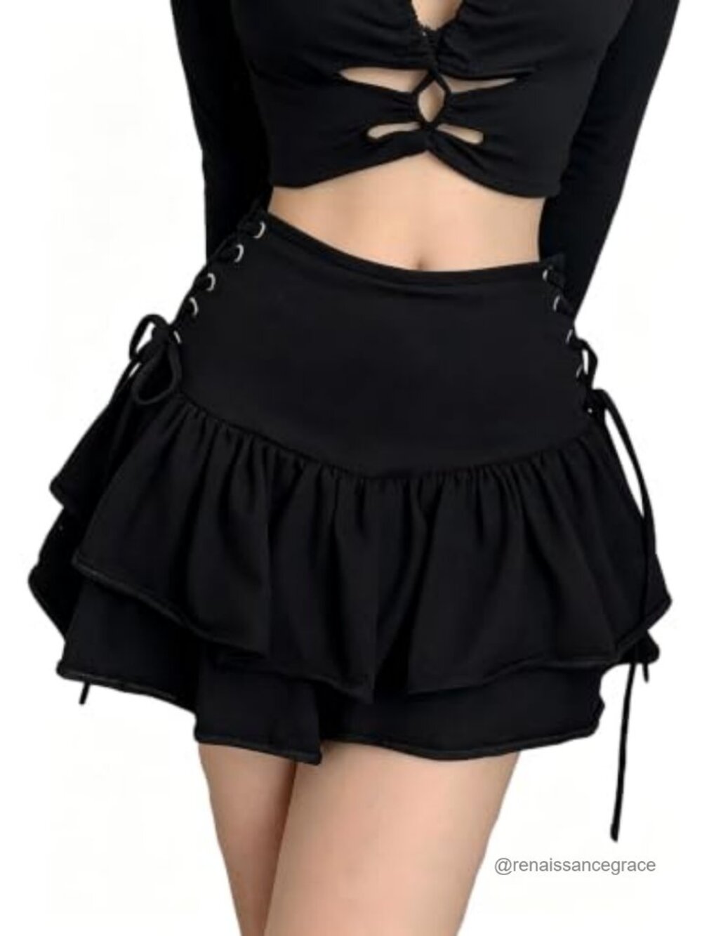 Goth Ruffle Mini High Waist Lace Up Pleated Punk Skirt Women